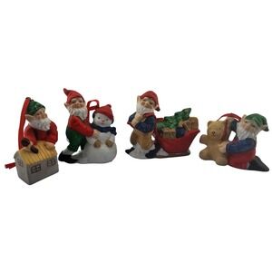 Set of 4 Ceramic‎ Gnomes Christmas Ornaments Sleigh Snowman Tree Teddy Bear